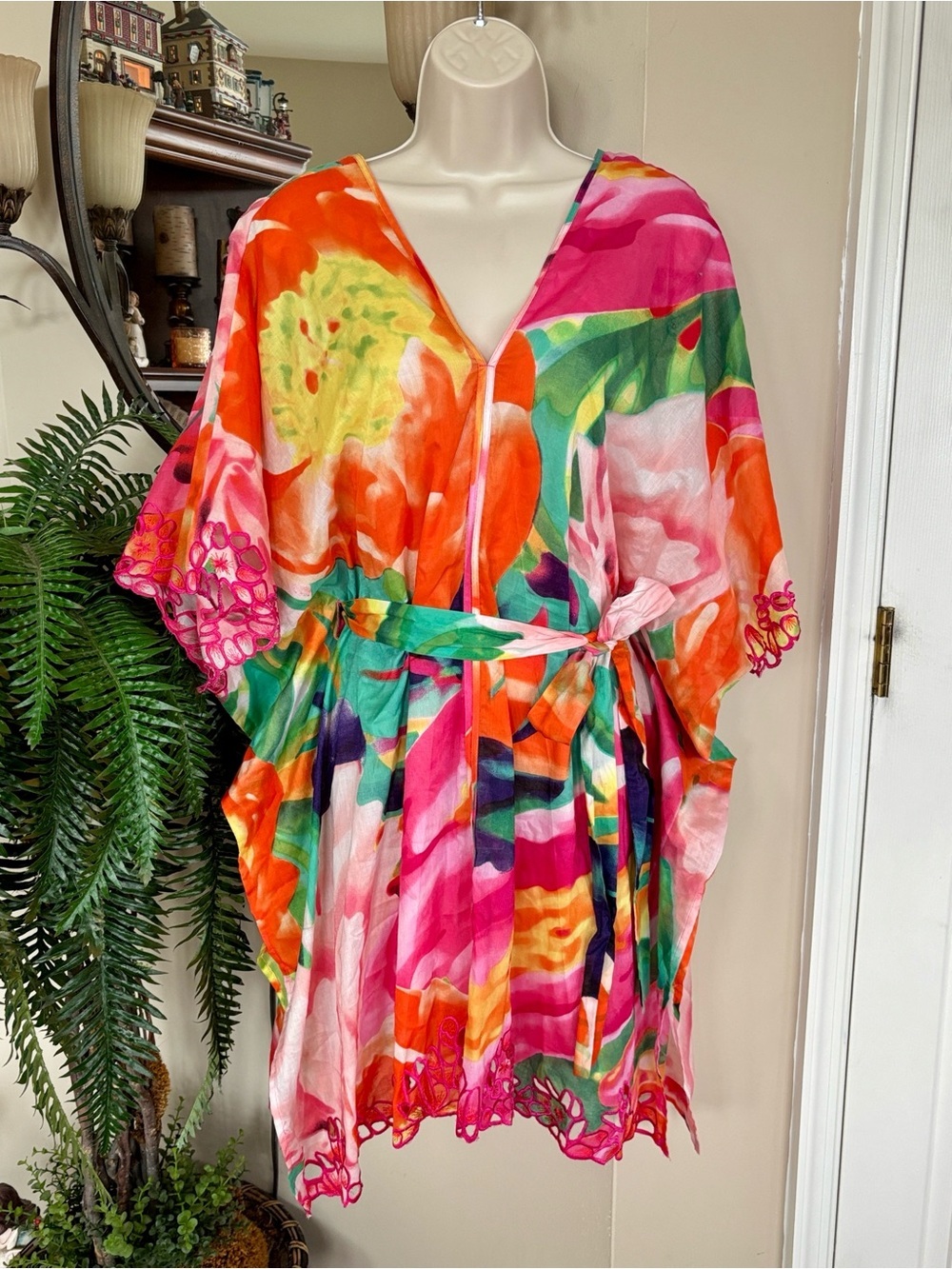 Brand New Natori Garbo Mini Caftan Tunic 2-Piece Dress Watercolor Floral Cotton